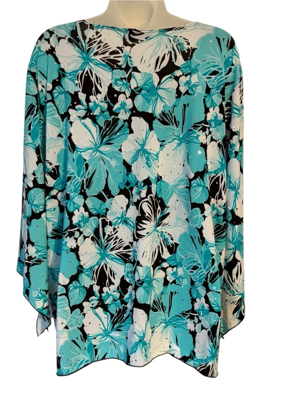 GORGEOUS Floral V-Neck TOP w/ 3/4 SLEEVE DETAIL AQUA SUMMER PLUS: 2X #N - Picture 5 of 6